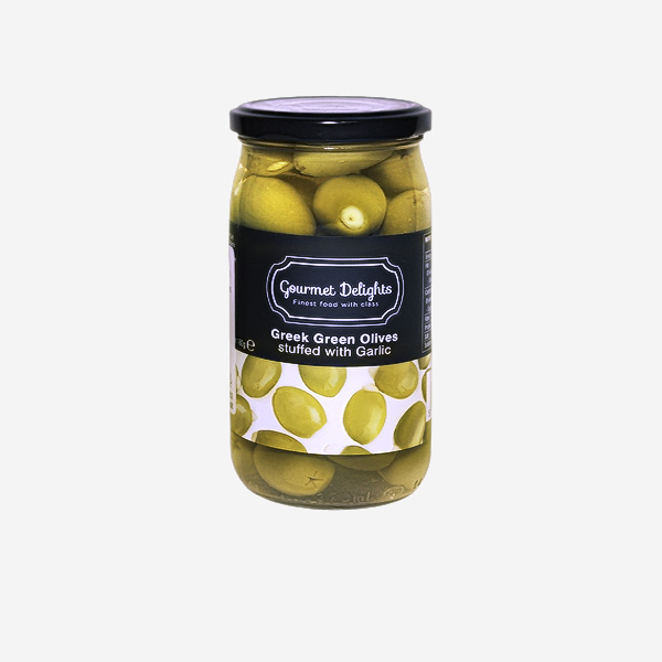Оливки зеленые, фаршированные чесноком “Gourmet Delights”
