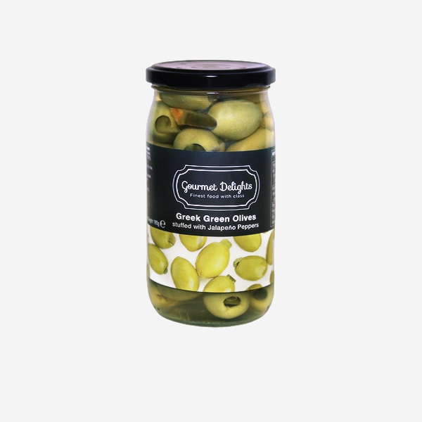 Оливки зеленые, фаршированные перцем халапеньо “Gourmet Delights”