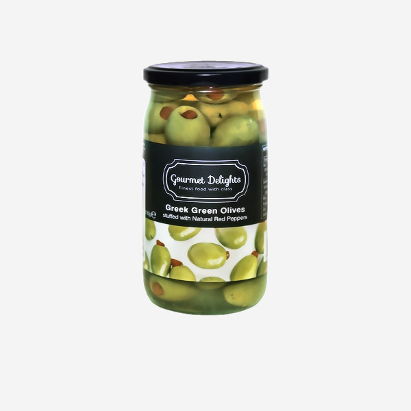 Оливки зеленые, фаршированные натуральным красным перцем “Gourmet Delights”